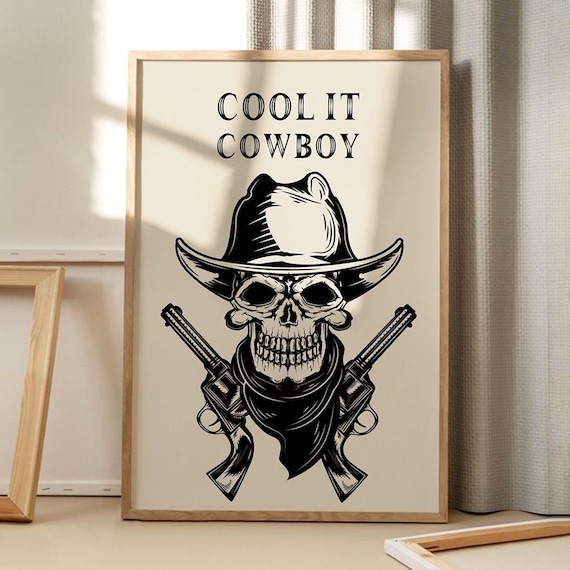 Cool It Cowboy Skull Western Skeleton With Revolvers Line Art Poster