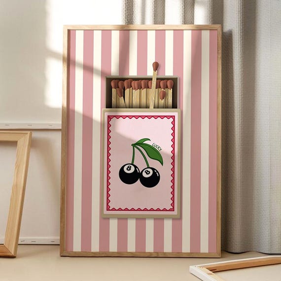 Vintage Lucky 8 Ball Cherry Matchbox Stripe Art Poster Wall Apartment Decor Retro Home Printed Gift