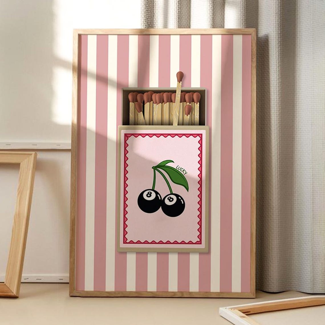 Lucky 8 Ball Cherries Pink Matchbox Stripe Retro Decor Art Poster
