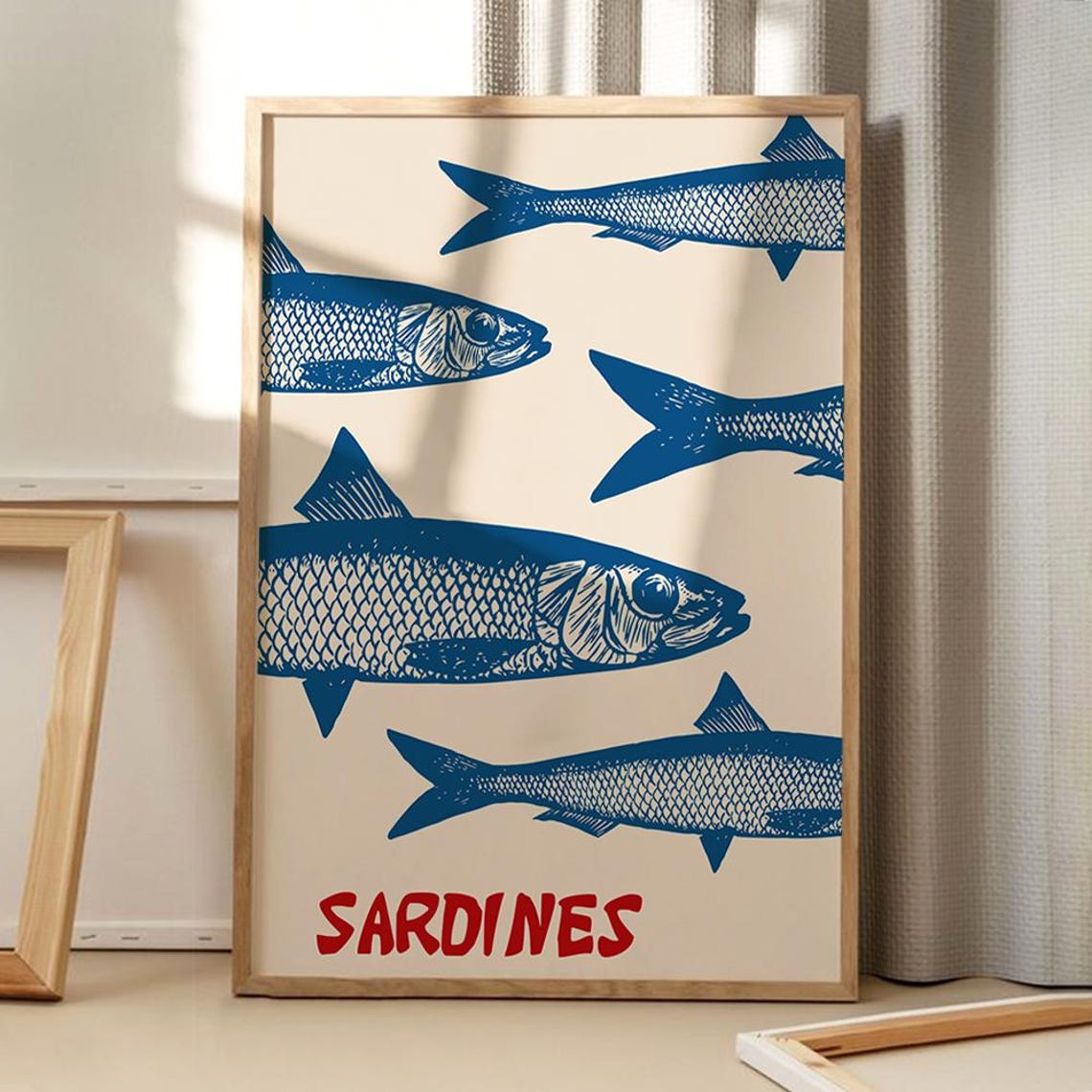 Vintage Blue Sardines Illustration Retro Kitchen Wall Poster