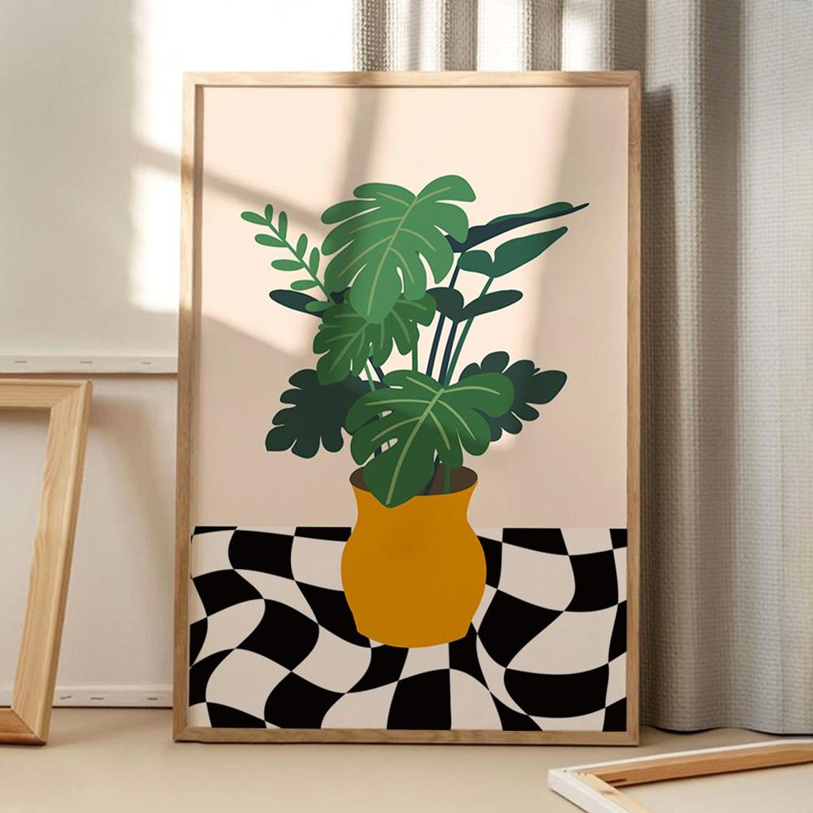 Monstera in Yellow Vase on Checkered Table Bold Botanical Art Poster