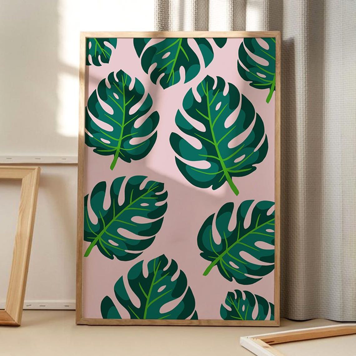 Pink Monstera Leaf Pattern Tropical Botanical Wall Decor Poster