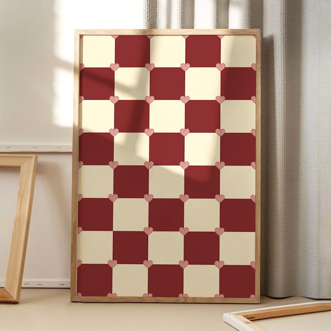 Red Cream Checkerboard With Pink Hearts Retro Pattern Art Poster