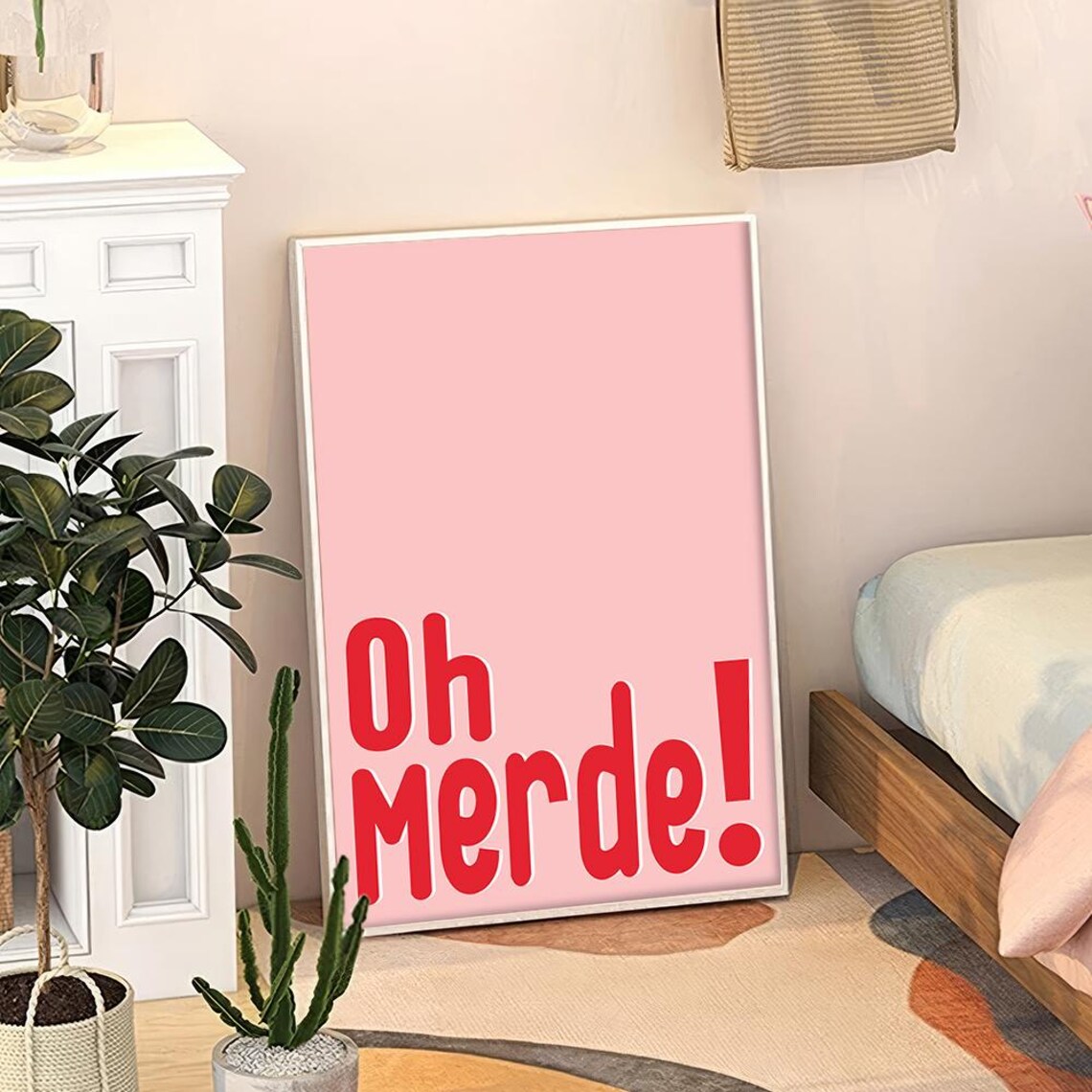 Oh Merde French Quote Retro Pink Red Typography Artwork Poster