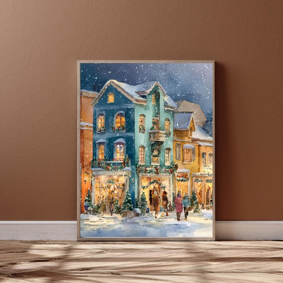 Snowy Christmas Village Street Cozy Winter Town Watercolor Poster