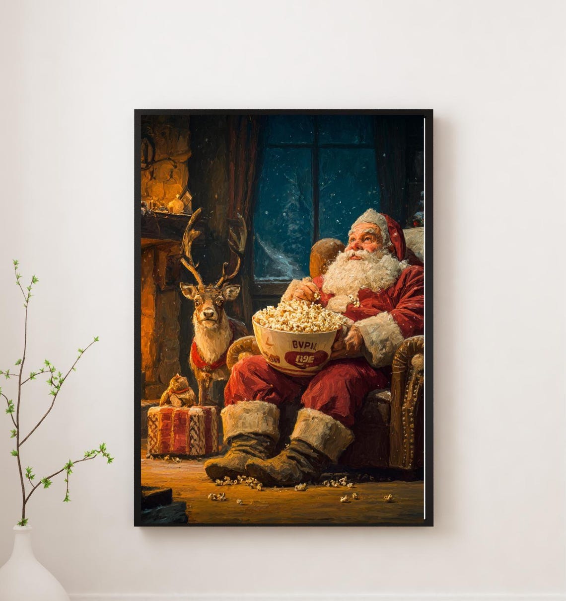 Santa Claus Movie Night Popcorn Fireplace Cozy Christmas Poster