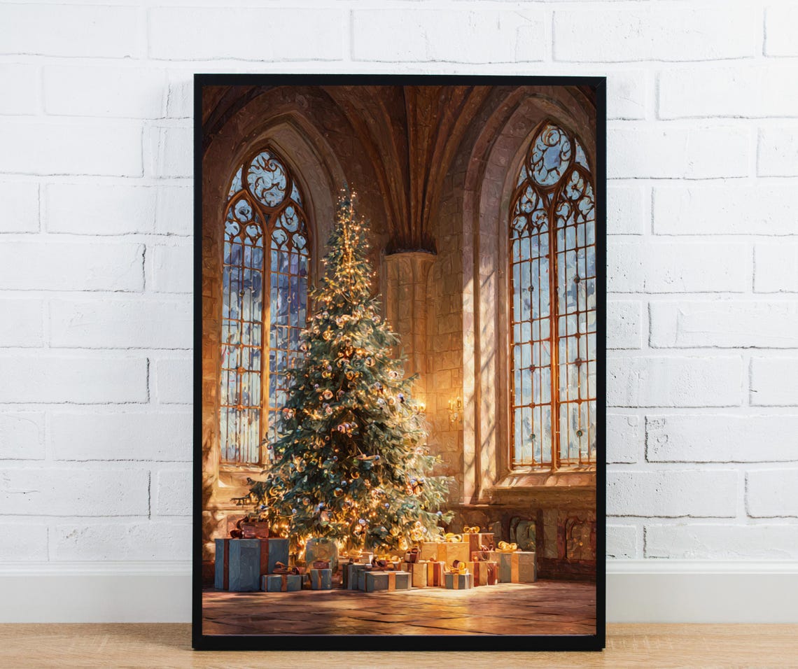 Gothic Cathedral Christmas Tree Cozy Winter Holiday Interior Poster