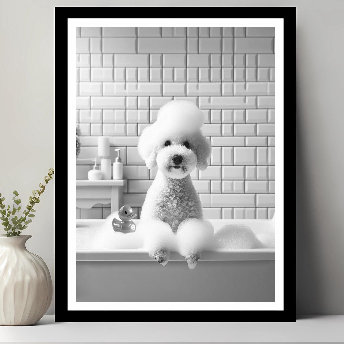 White Poodle in Bubble Bath Foam Cap Rubber Duck Funny Bathroom Poster