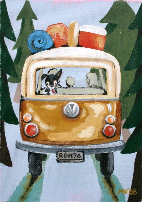 Vintage Camper Van With Dog Camping Gear Road Trip Art Poster