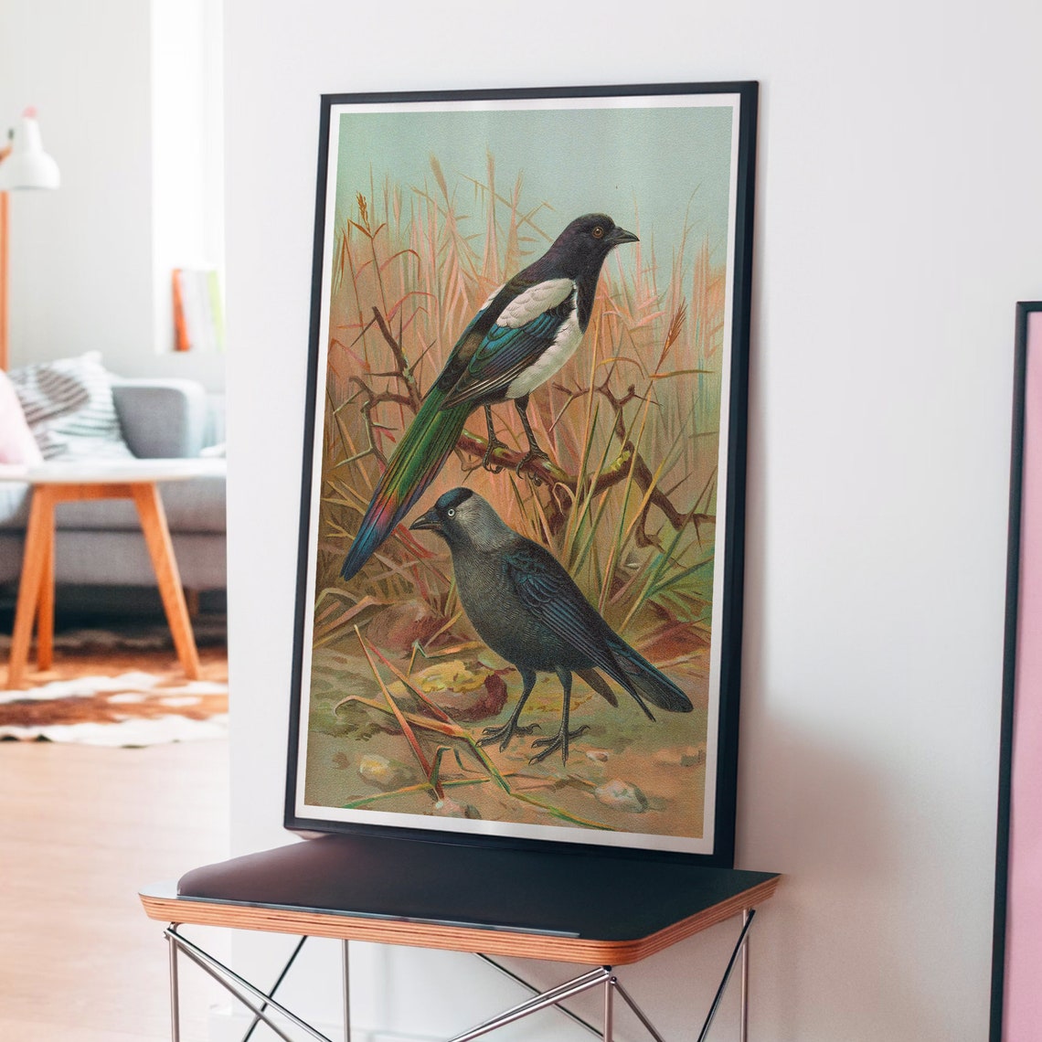 Magpie and Dark Songbird on Branch Vintage Naturalist Bird Art Poster - Image 3
