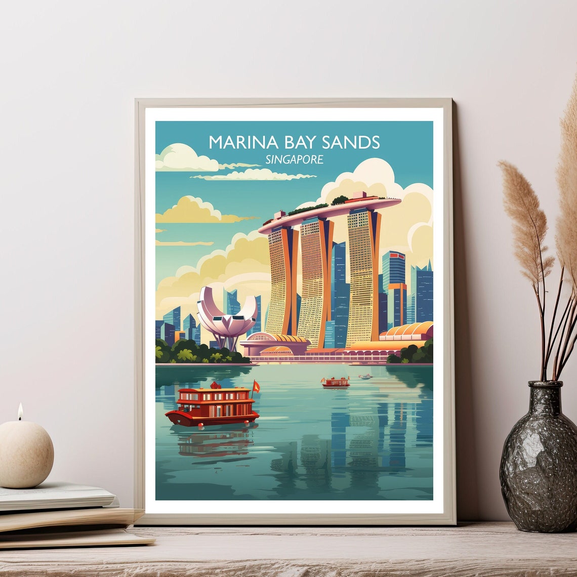 Marina Bay Sands Singapore Harbor Retro Vintage Travel Poster