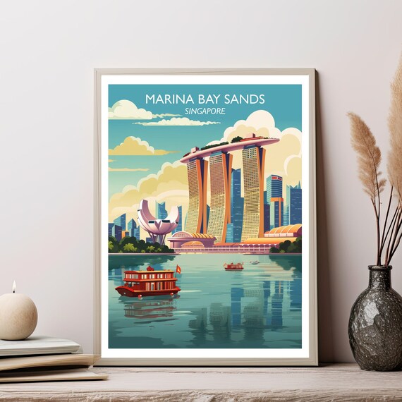 Marina Bay Sands Singapore Harbor Retro Vintage Travel Poster