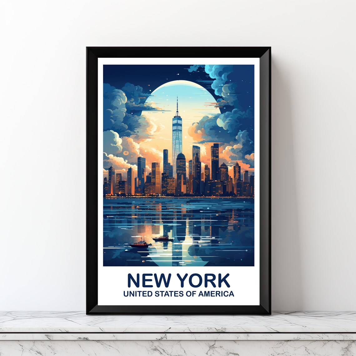 New York City Moonlit Skyline Night Harbor Boats Travel Art Poster