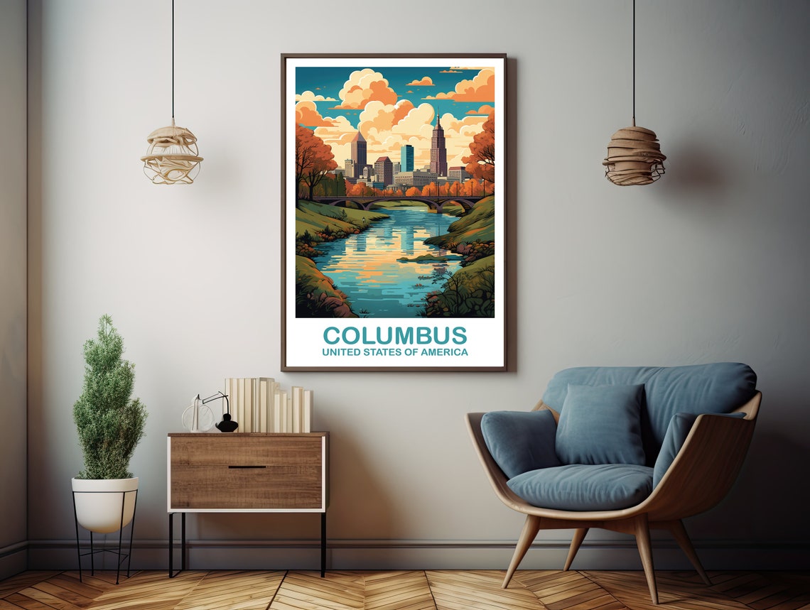 Columbus Ohio Skyline River Bridge Autumn Retro Travel Art Poster - Image 3
