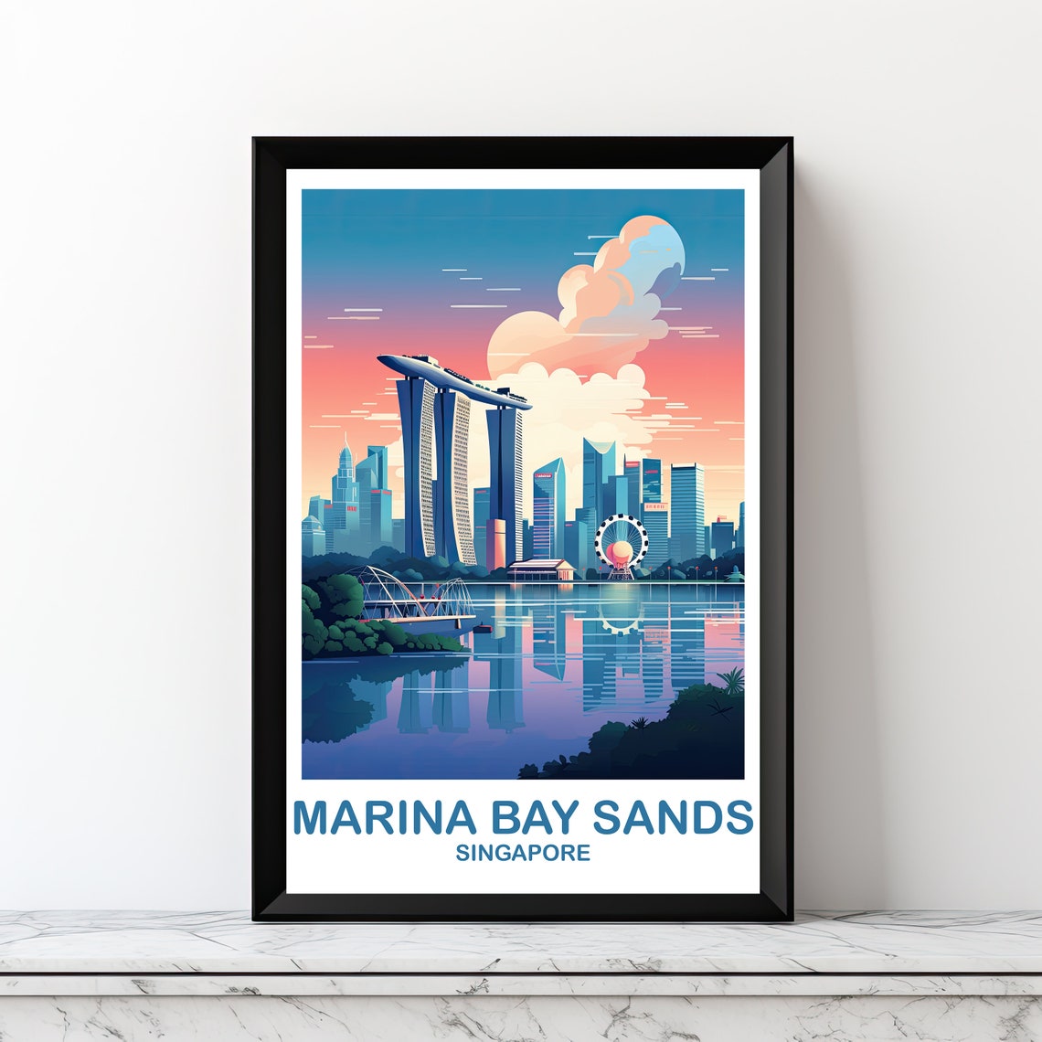 Singapore Marina Bay Sands Sunset Skyline Reflection Travel Poster