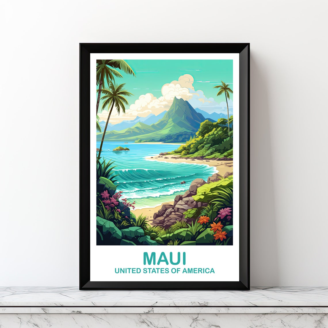 Maui Hawaii Tropical Beach Palm Turquoise Ocean Travel Poster