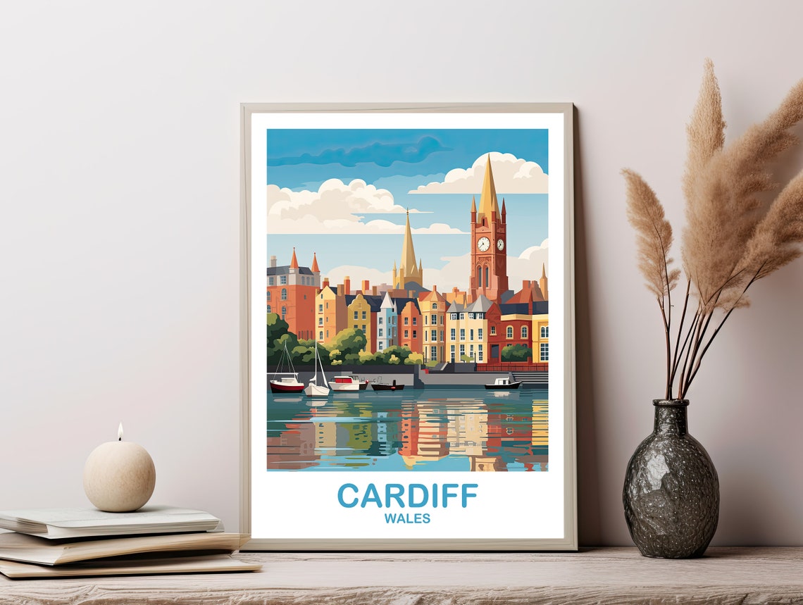 Cardiff Wales Harbor Boats Clock Tower Reflection Travel Art Poster - Image 2