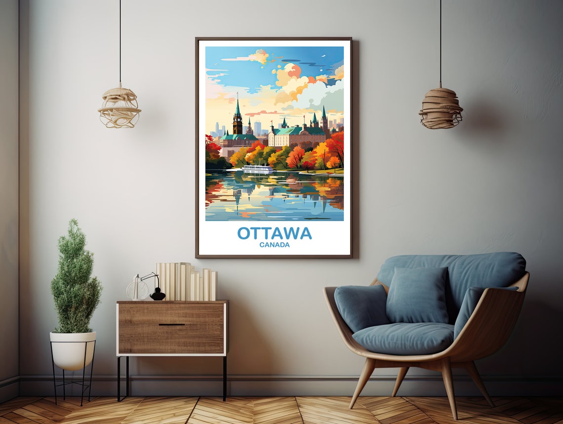 Ottawa Canada Parliament Sunset Fall Reflection Vintage Travel Poster - Image 2