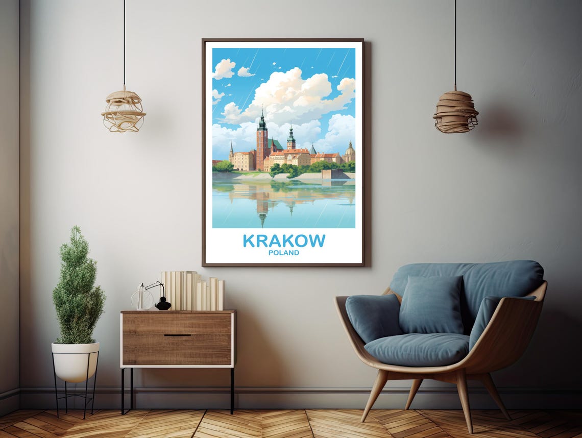 Krakow Poland Riverside Castle Skyline Reflection Travel Art Poster