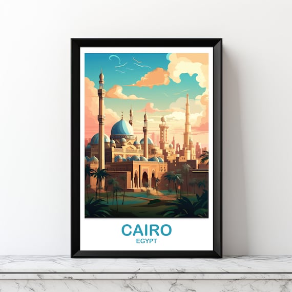 Cairo Egypt Blue Domed Mosques Palm Gardens Travel Art Poster