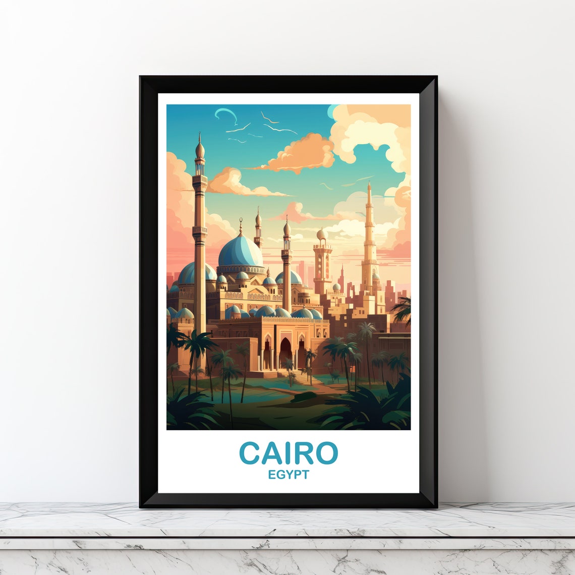 Cairo Egypt Blue Domed Mosques Palm Gardens Travel Art Poster