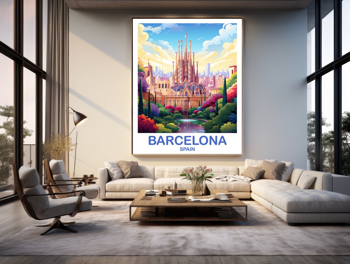 Barcelona Spain Sagrada Familia Garden View Colorful Travel Poster - Image 2