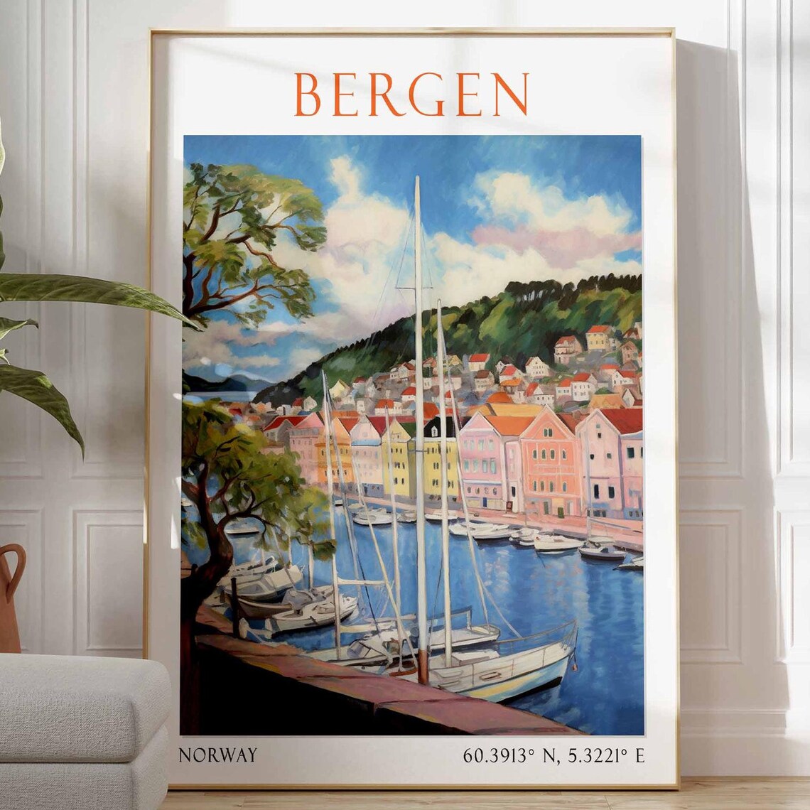 Bergen Norway Harbor Sailboats Bryggen Wharf Colorful Houses Poster