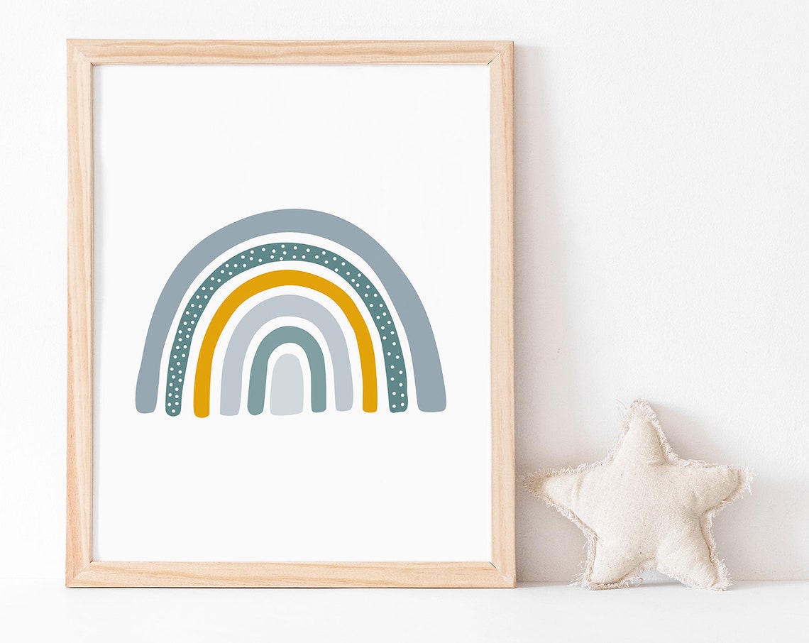 Boho Rainbow Blue Mustard Yellow Arches Scandinavian Nursery Poster