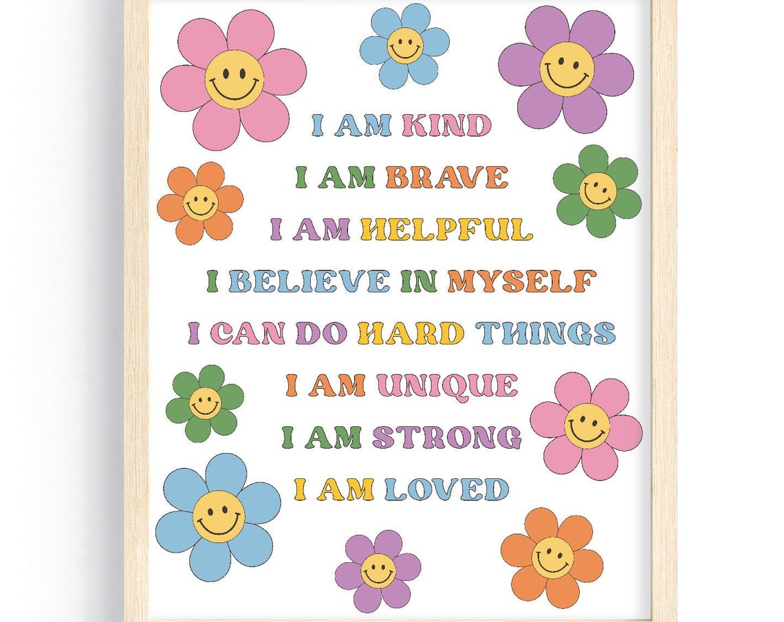 Retro Affirmations Smiley Daisies Rainbow Letters Classroom Poster