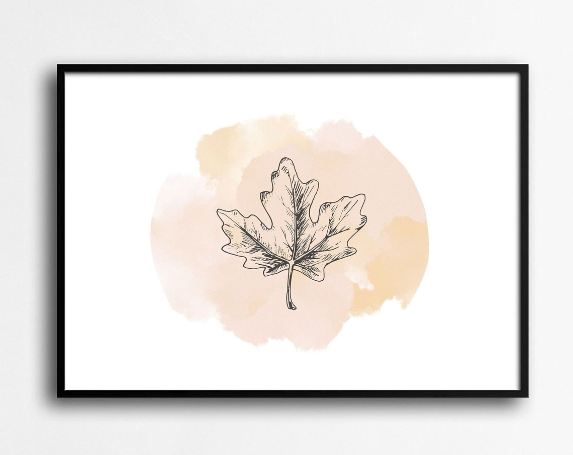 Oak Leaf Botanical Line Drawing Blush Watercolor Wall Decor Poster