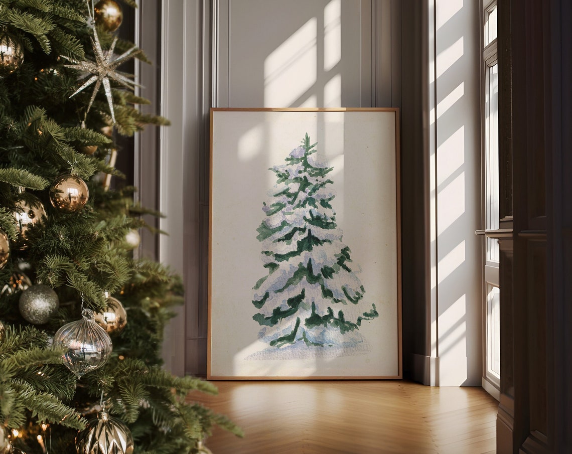 Snowy Pine Tree Watercolor Winter Forest Minimalist Christmas Print