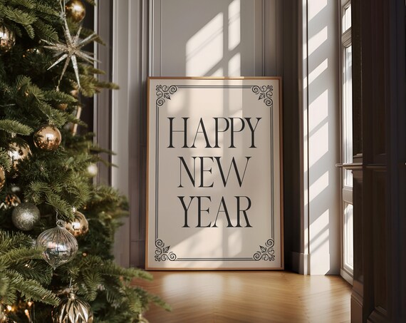 Happy New Year Elegant Serif Typography Holiday Celebration Poster