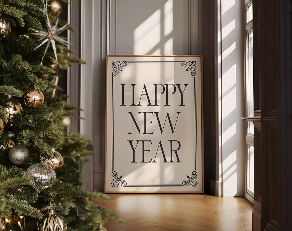 Happy New Year Elegant Serif Typography Holiday Celebration Poster