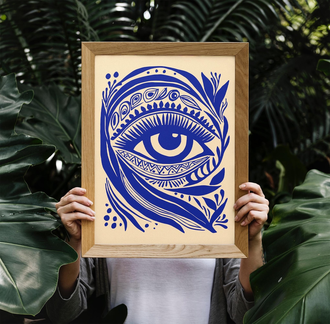 Blue Bohemian Eye Abstract Linocut Style Bold Spiritual Print