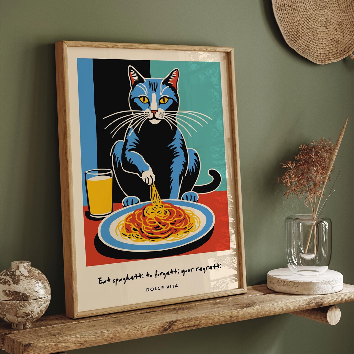 Blue Cat Spaghetti Poster Dolce Vita Eat Spaghetti To Forget Regretti