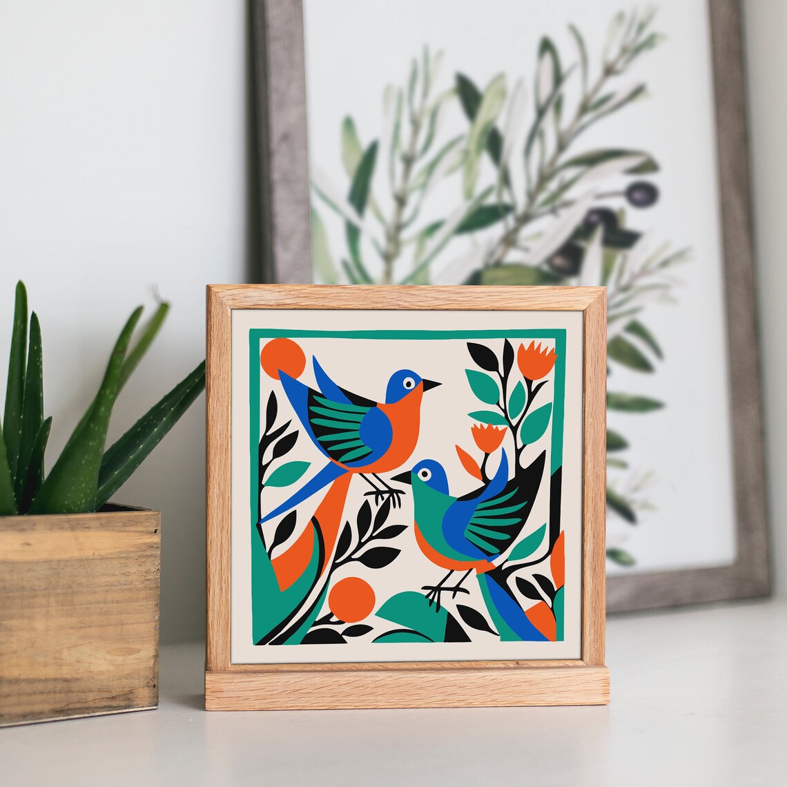 Colorful Retro Birds Square Folk Style Mid Century Modern Print - Image 5