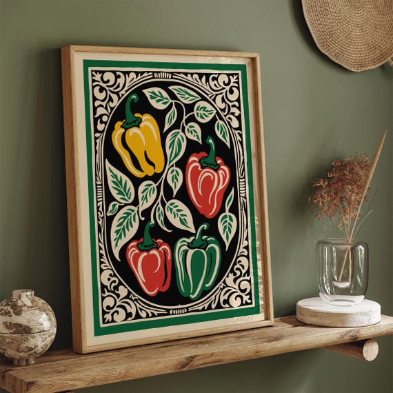 Rococo Peppers Art Print Poster Colorful Kitchen Wall Decor Modern Vegetable Green And Red Pepper Art Bold Stylized Kitchen Design