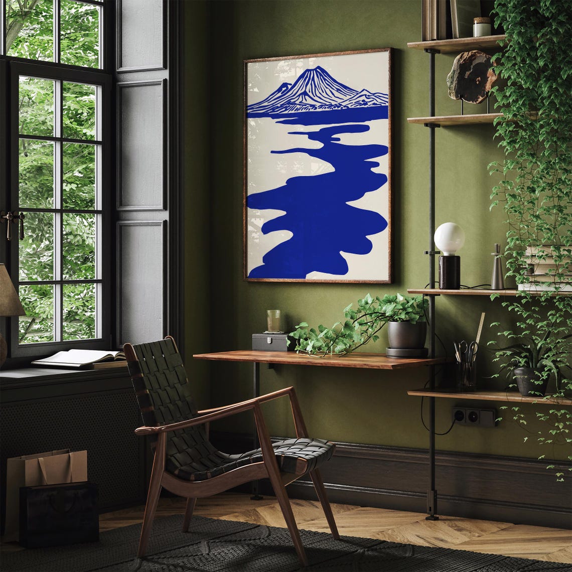 Blue Volcano Mountain Lake Reflection Minimalist Style Art Poster - Image 3