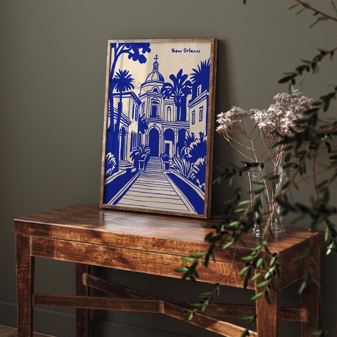 New Orleans Blue Ink Historic Church Palm Tree Travel Poster - Image 4
