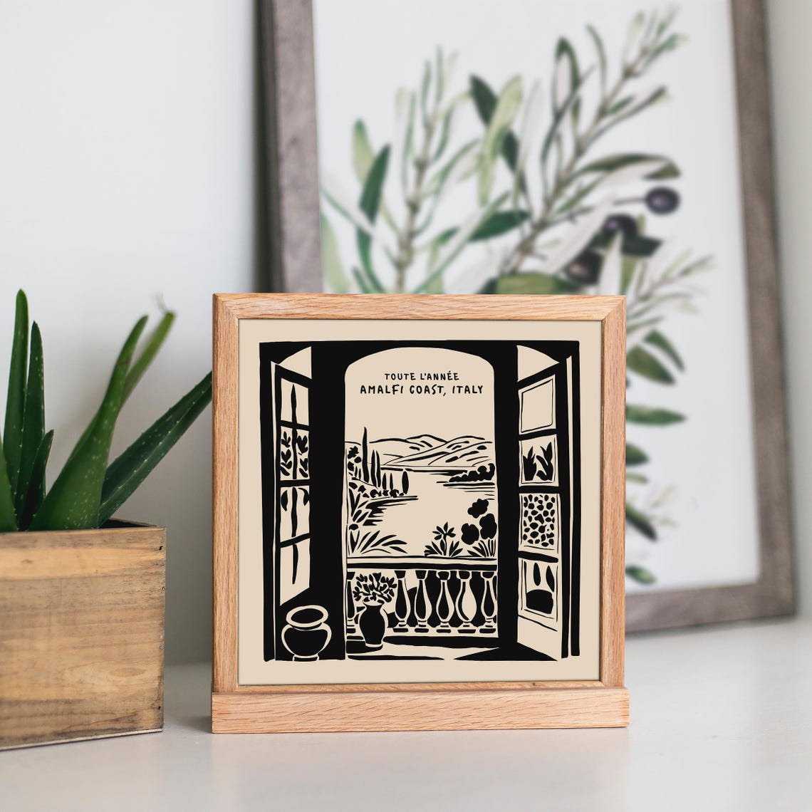 Amalfi Coast Balcony Window View Black Ink Travel Art Poster - Image 4