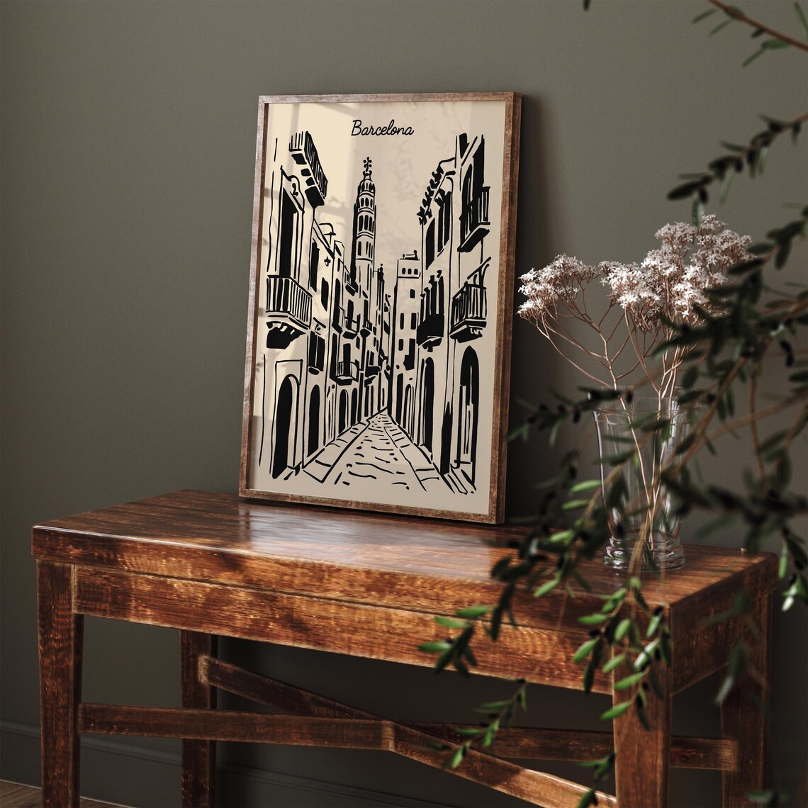 Barcelona Old Town Street Monochrome Ink Sketch Travel Art Poster - Image 2