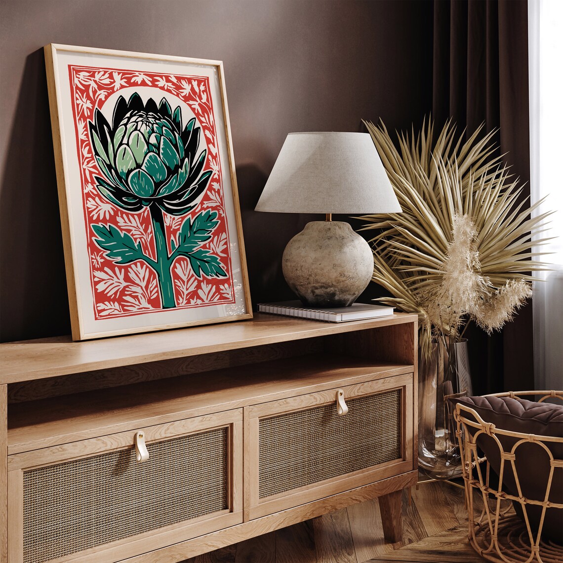 Red and Green Artichoke Linocut Style Vintage Kitchen Wall Poster - Image 2