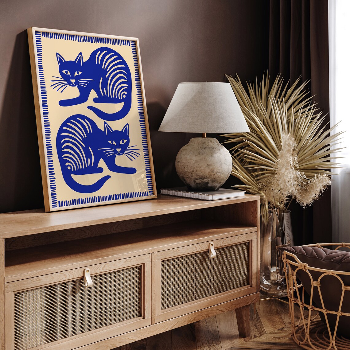 Blue Indigo Twin Cats Decorative Striped Border Folk Art Print - Image 5