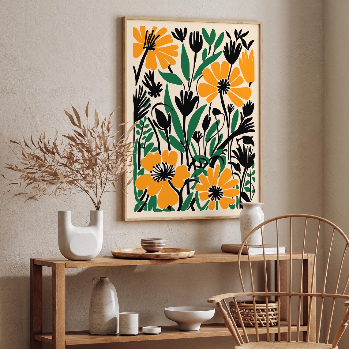Bold Modern Floral Abstract Poster Orange Black and Green Blooms - Image 2