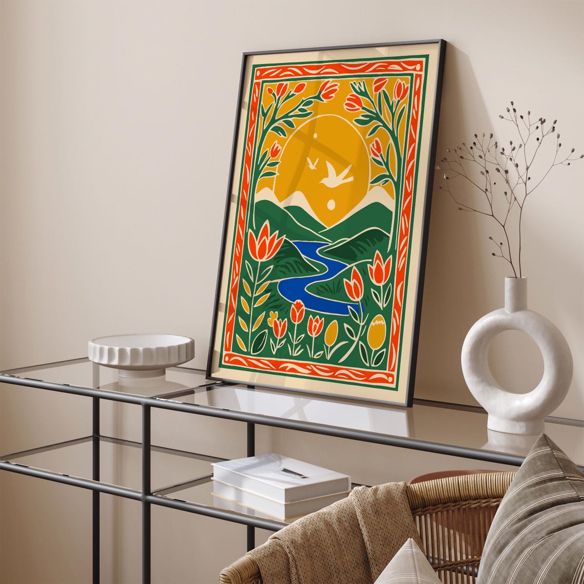 Folk Mountain River Golden Sunset Tulips Birds Spring Art Poster - Image 2