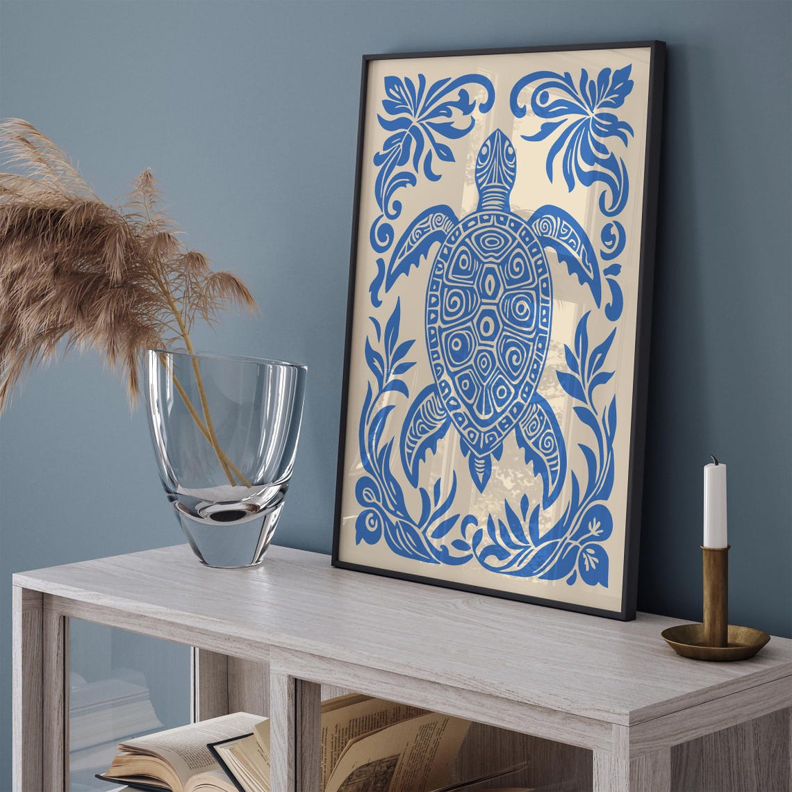 Blue Patterned Sea Turtle Folk Art Ocean Animal Wall Decor Poster - Image 2