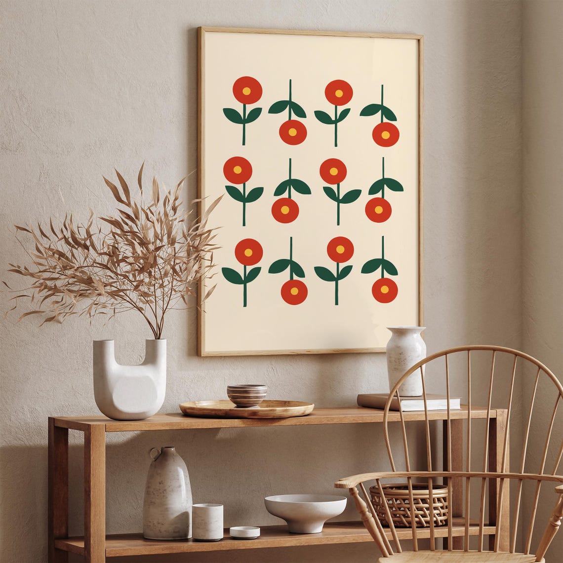 Mid Century Modern Red Flowers Simple Floral Pattern Art Print - Image 2