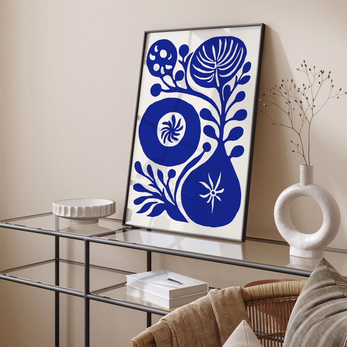 Blue Abstract Bloom Botanical Folk Art White Negative Space Print - Image 6