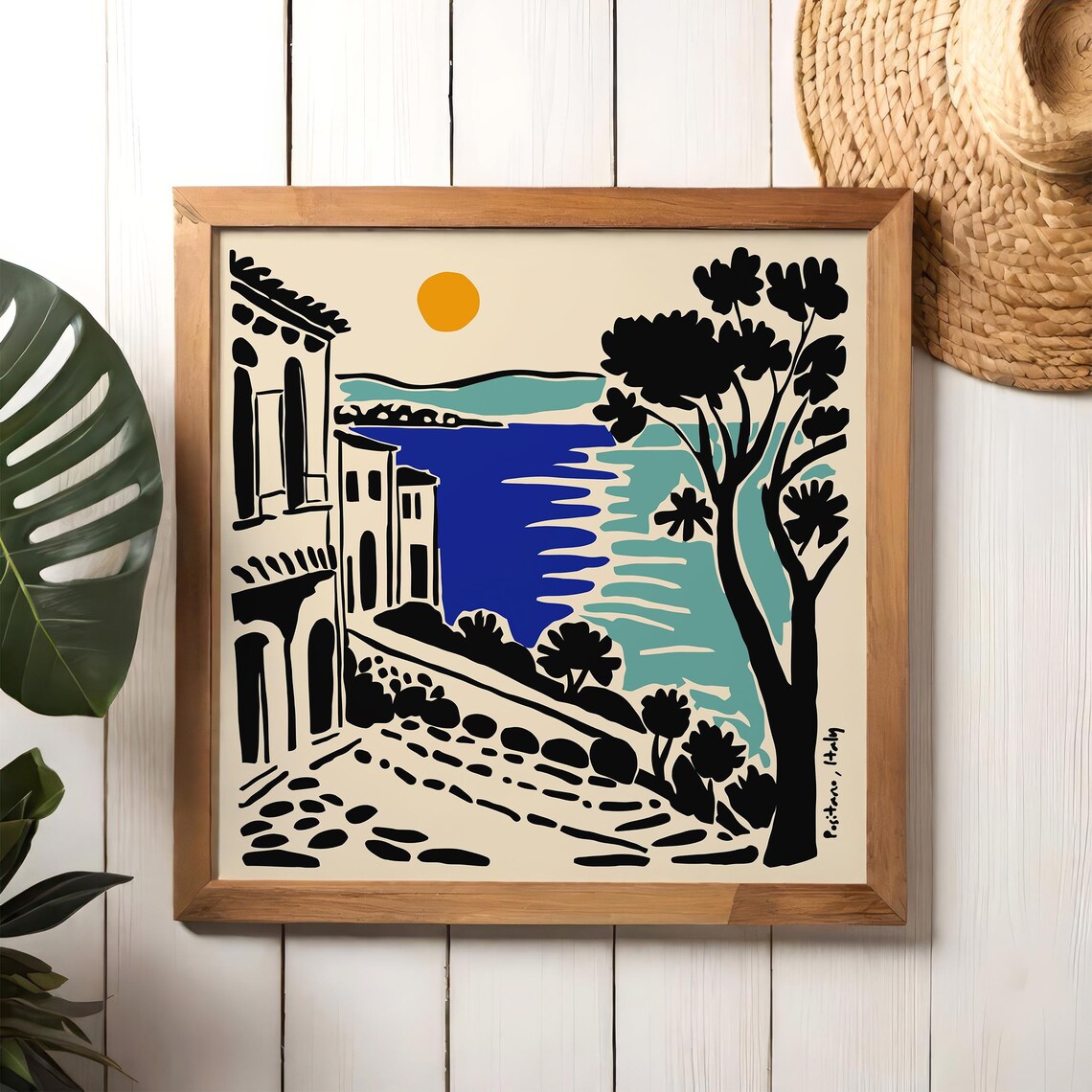 Positano Italy Coastal Street Blue Sea Linocut Travel Art Poster - Image 3