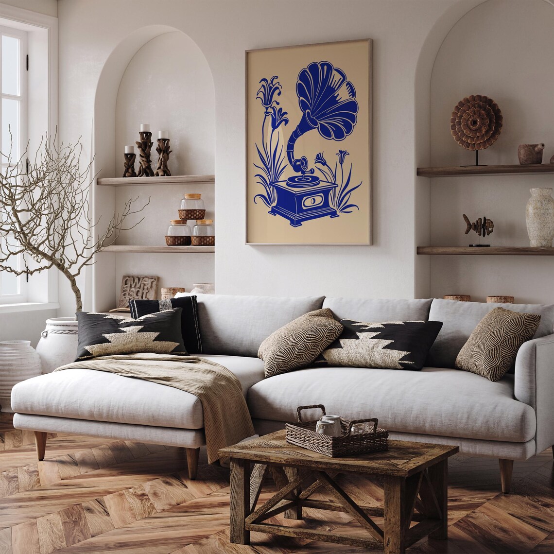 Blue Gramophone With Tall Lilies Vintage Music Room Decor Art Print - Image 6